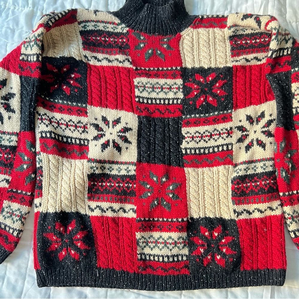 Vintage Red and black Jones New York patchwork wool sweater knitwear - Picture 2 of 8